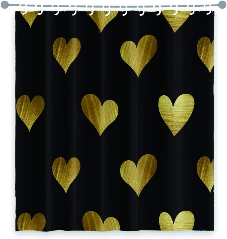 OERJU 65x72inch Golden Heart-Shaped Shower Curtain with Twinkling Patterns and Hooks