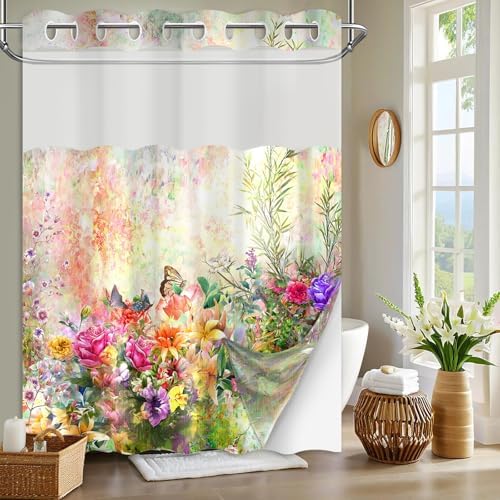 Tonmue Spring Summer Floral Hookless Shower Curtain Set 1