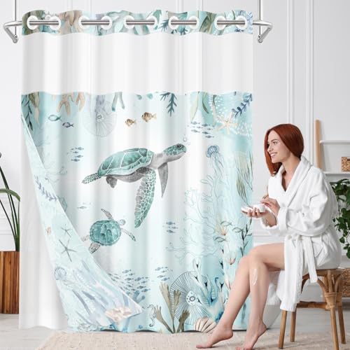 Nesphy Nautical Blue Sea Turtles Shower Curtain Set with Snap Lining