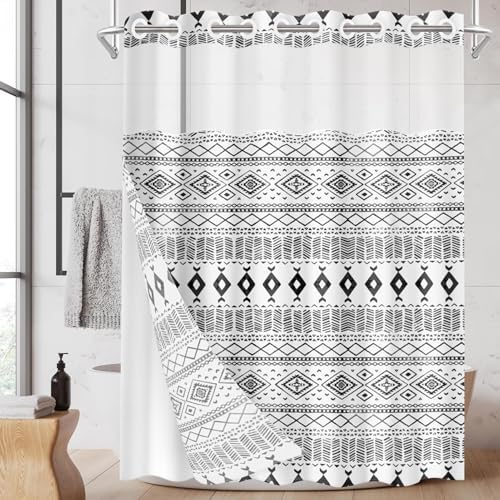 Nesphy No Hook White Black Shower Curtain Set