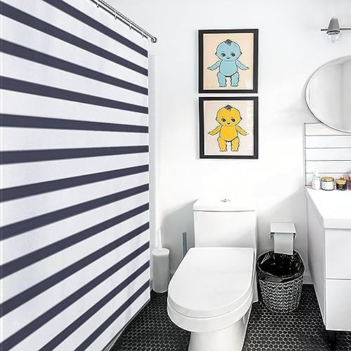 Navy Blue Summer Stripes Shower Curtain Set with 12 Hooks 60x72inch