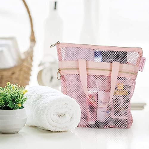 BEAHING Mesh Shower Caddy with Zipper 2 Pockets Pink