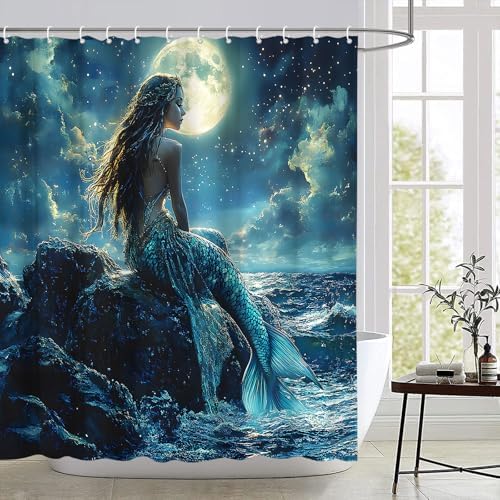 Fantasy Mermaid Shower Curtain with Hooks 70x70 Inch