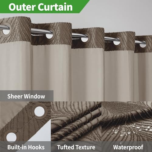 No Hook Boho Shower Curtain Set with Tufted Stripes and Snap Liner