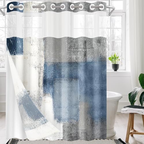 Nesphy No Hook Blue Grey Shower Curtain Set with Clear Top Window