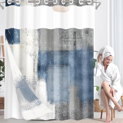 Nesphy No Hook Blue Grey Shower Curtain Set with Clear Top Window