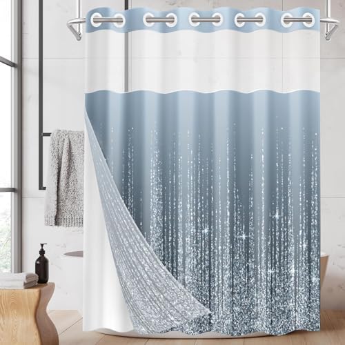 Nesphy No Hook Silver Dots Shower Curtain Set