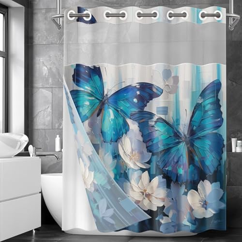 Nesphy No Hook Blue Butterfly Shower Curtain Set 1