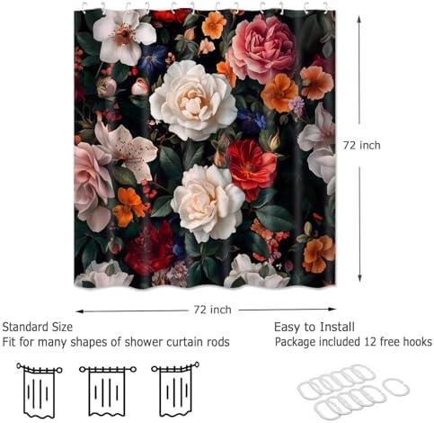 Floral Shower Curtain Set with Hooks 72x72