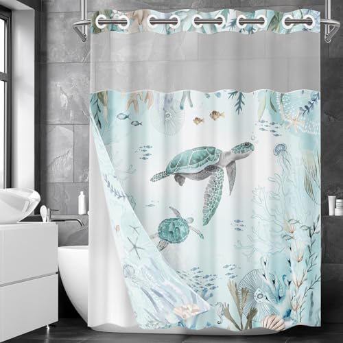 Nesphy Nautical Blue Sea Turtles Shower Curtain Set with Snap Lining