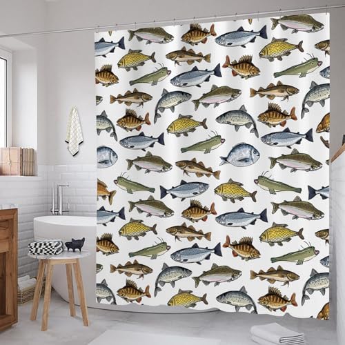 Yomane Fish Print Shower Curtain Set with 12 Hooks 72x72