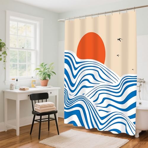 Ocean Waves Shower Curtain with Hooks 72x72 Inch