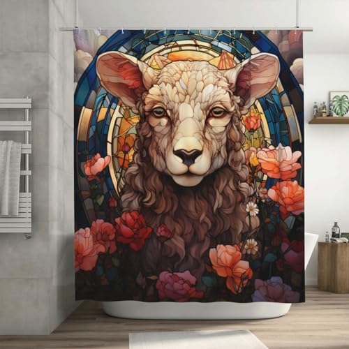 DAOWANGZUO Sheep Shower Curtain Set with 12 Hooks 72x72in