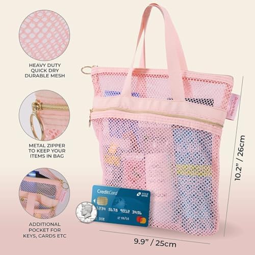 BEAHING Mesh Shower Caddy with Zipper 2 Pockets Pink