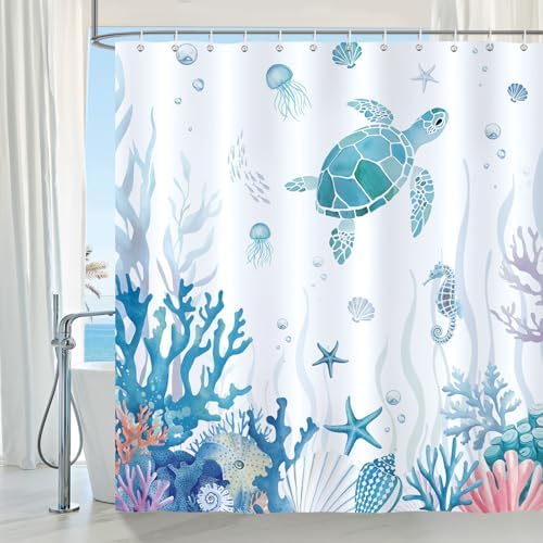 Sea Turtle Shower Curtain with 12 Hooks 72x72 Inches