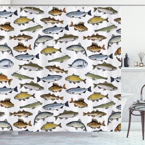 Yomane Fish Print Shower Curtain Set with 12 Hooks 72x72