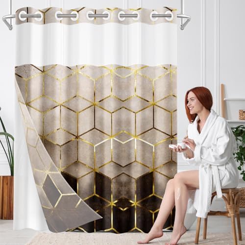 Britown Geometric Brown Gold Shower Curtain Set with Snap-in Liner