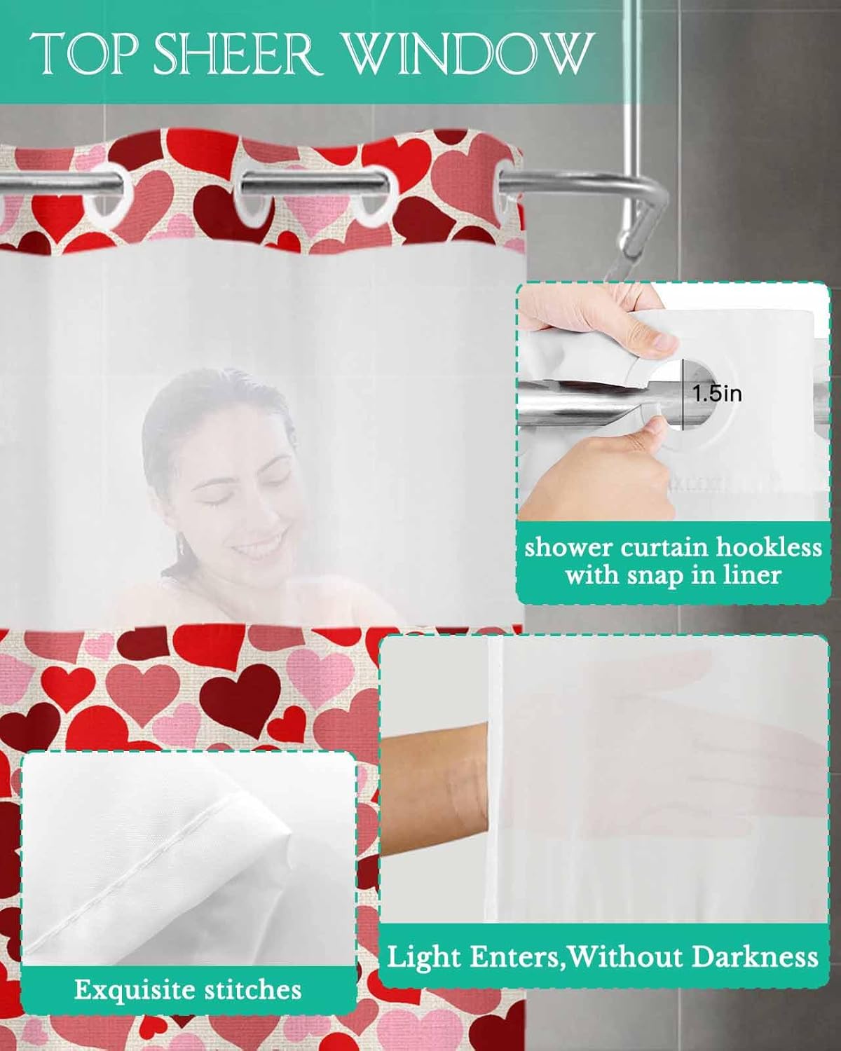 Jolunifun Valentines Day No Hook Shower Curtain Set
