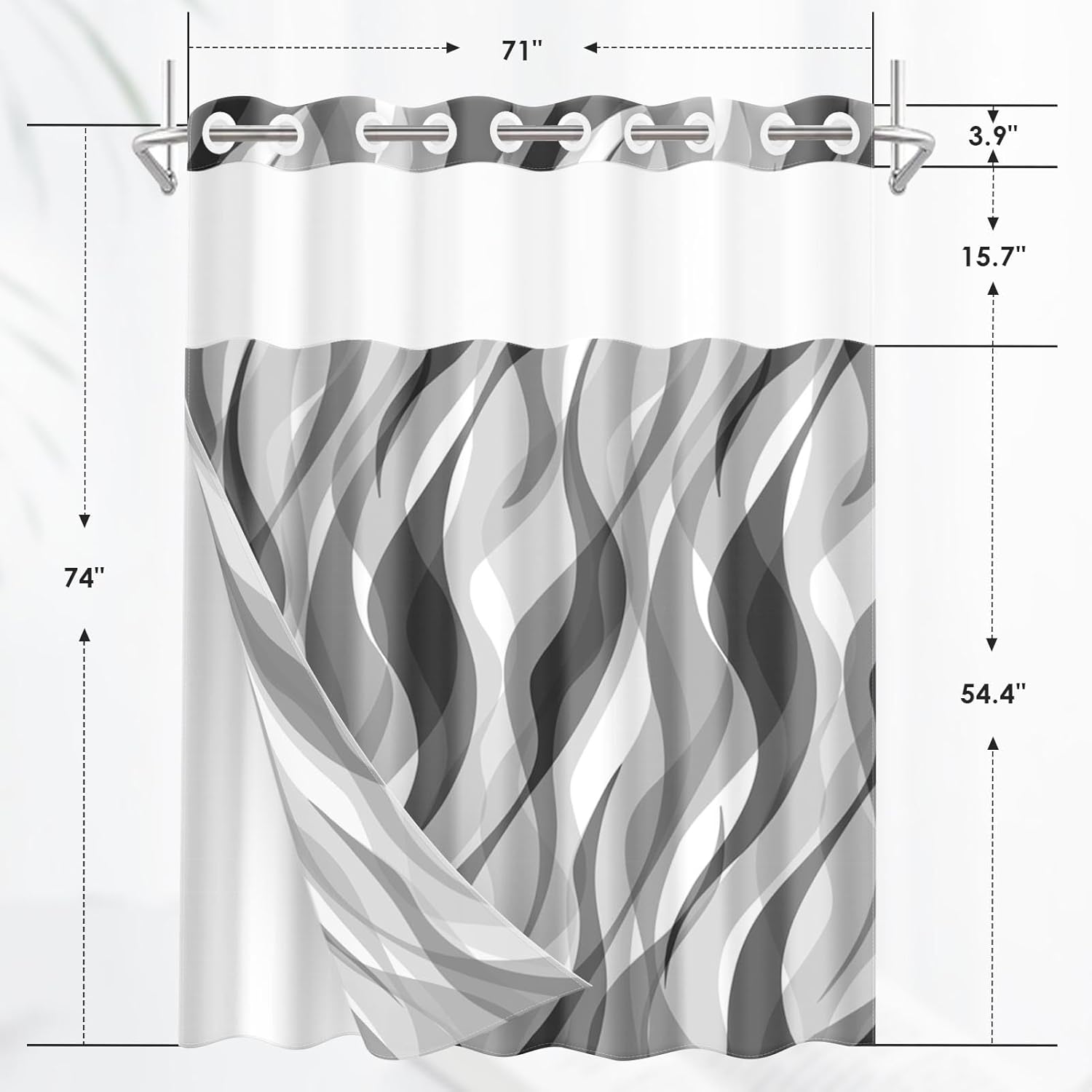 Nesphy No Hook Grey Shower Curtain Set with Clear Top Window 1