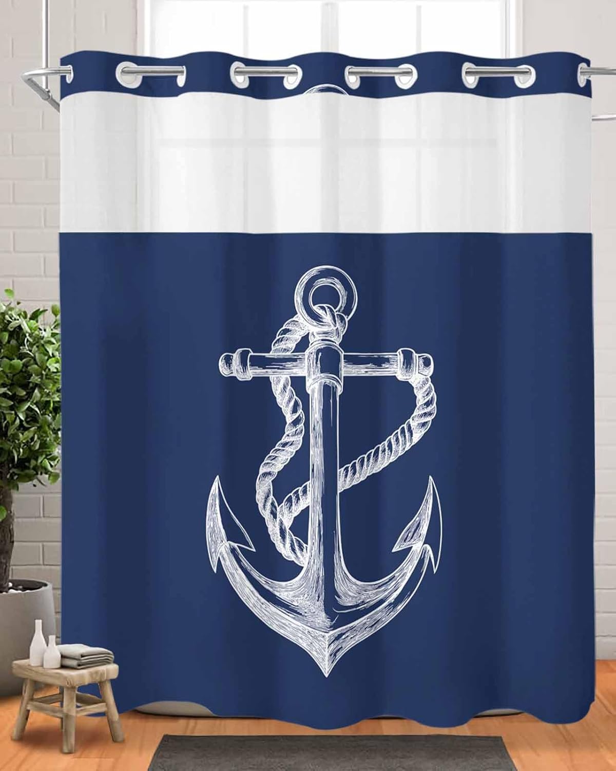 No Hooks Shower Curtain Set with Liner 72x72 Marine Theme