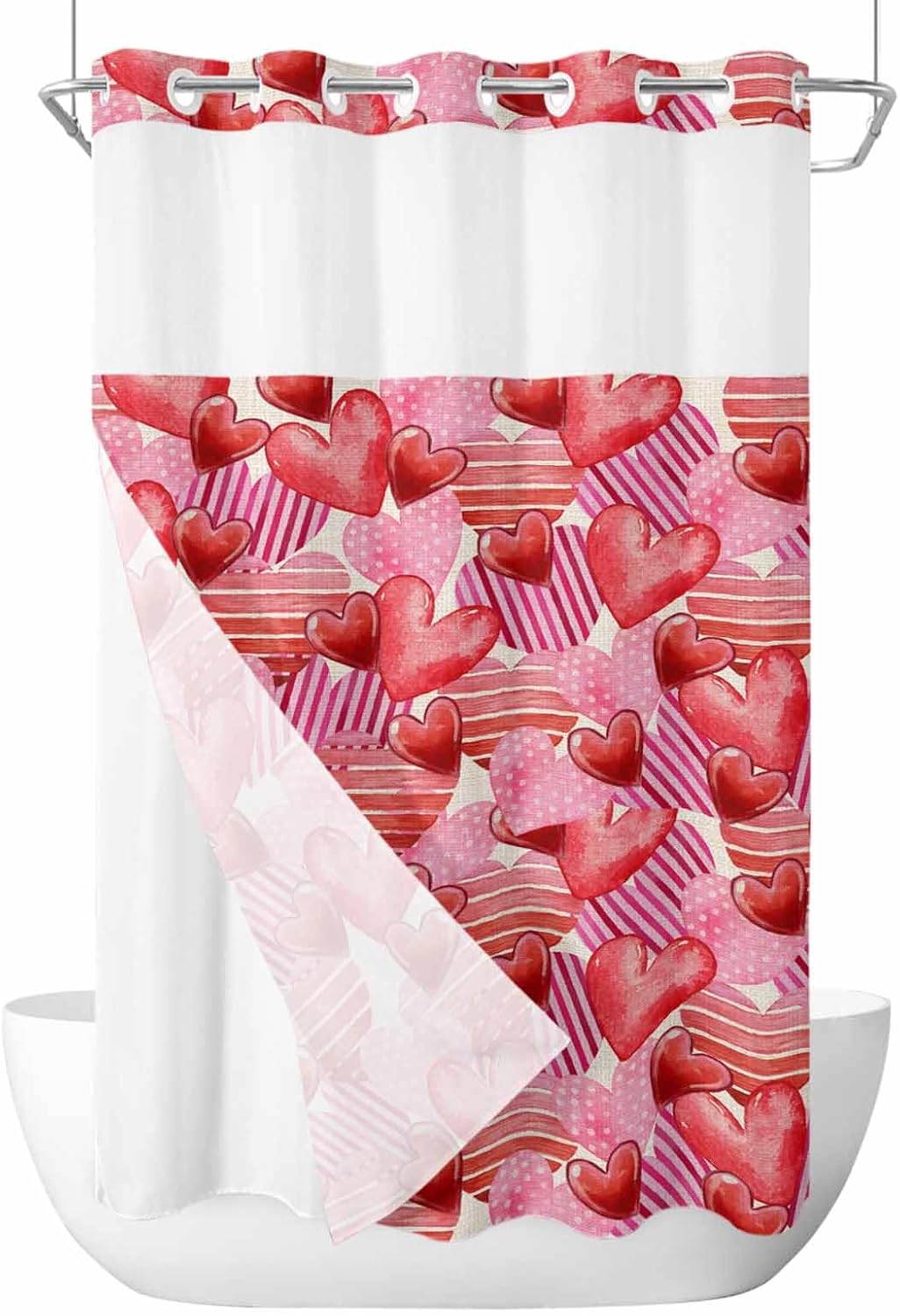PIEPLE No Hook Shower Curtain Set with Snap Liner - Pink Red Heart Design