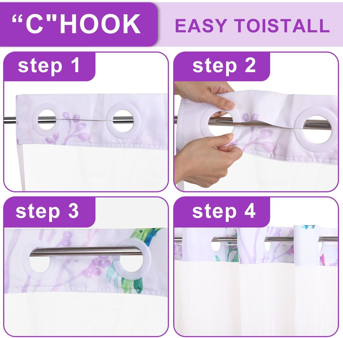 Mightree Purple Floral No Hook Shower Curtain Set