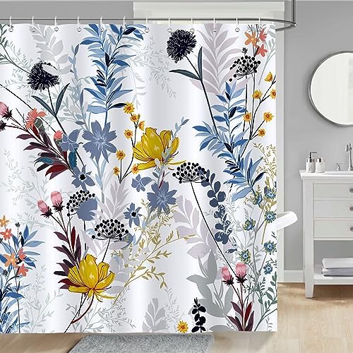 Bonhause Blue Wildflower Shower Curtain - 72x72 Inch Waterproof Boho Design