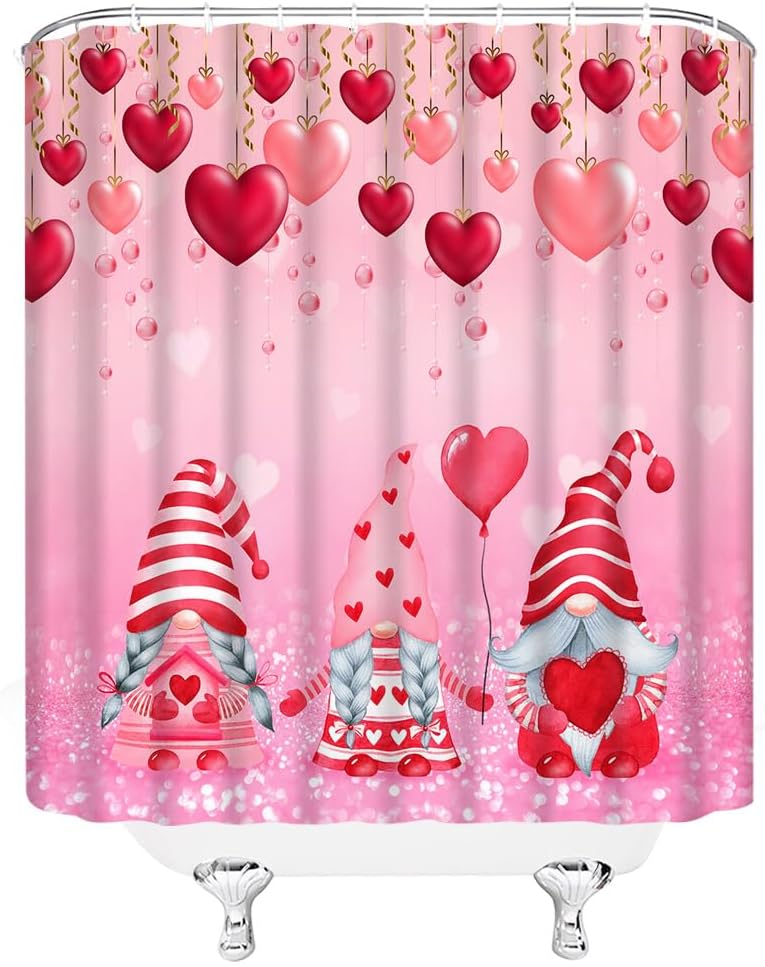 Valentines Day Gnome Shower Curtain Set with Hooks 70x70