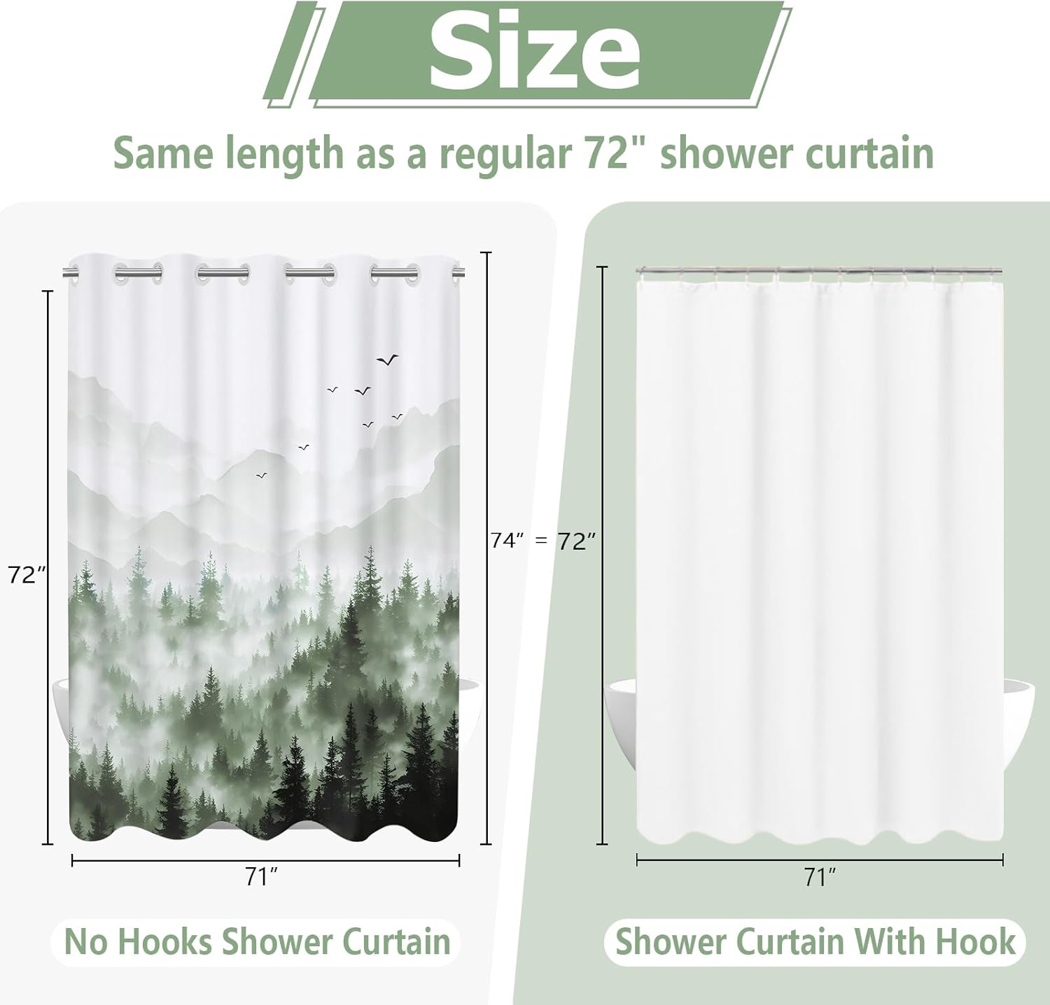 AXURXUI No Hook Forest Shower Curtain Set 71x74 Inch