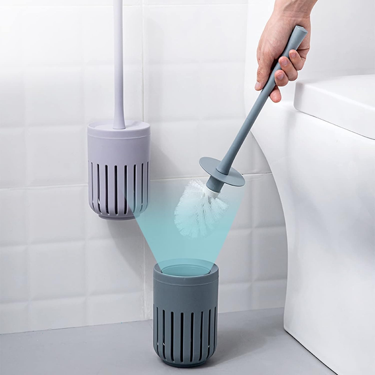 Gray-Blue Wall-Mounted Toilet Brush Set with Holder