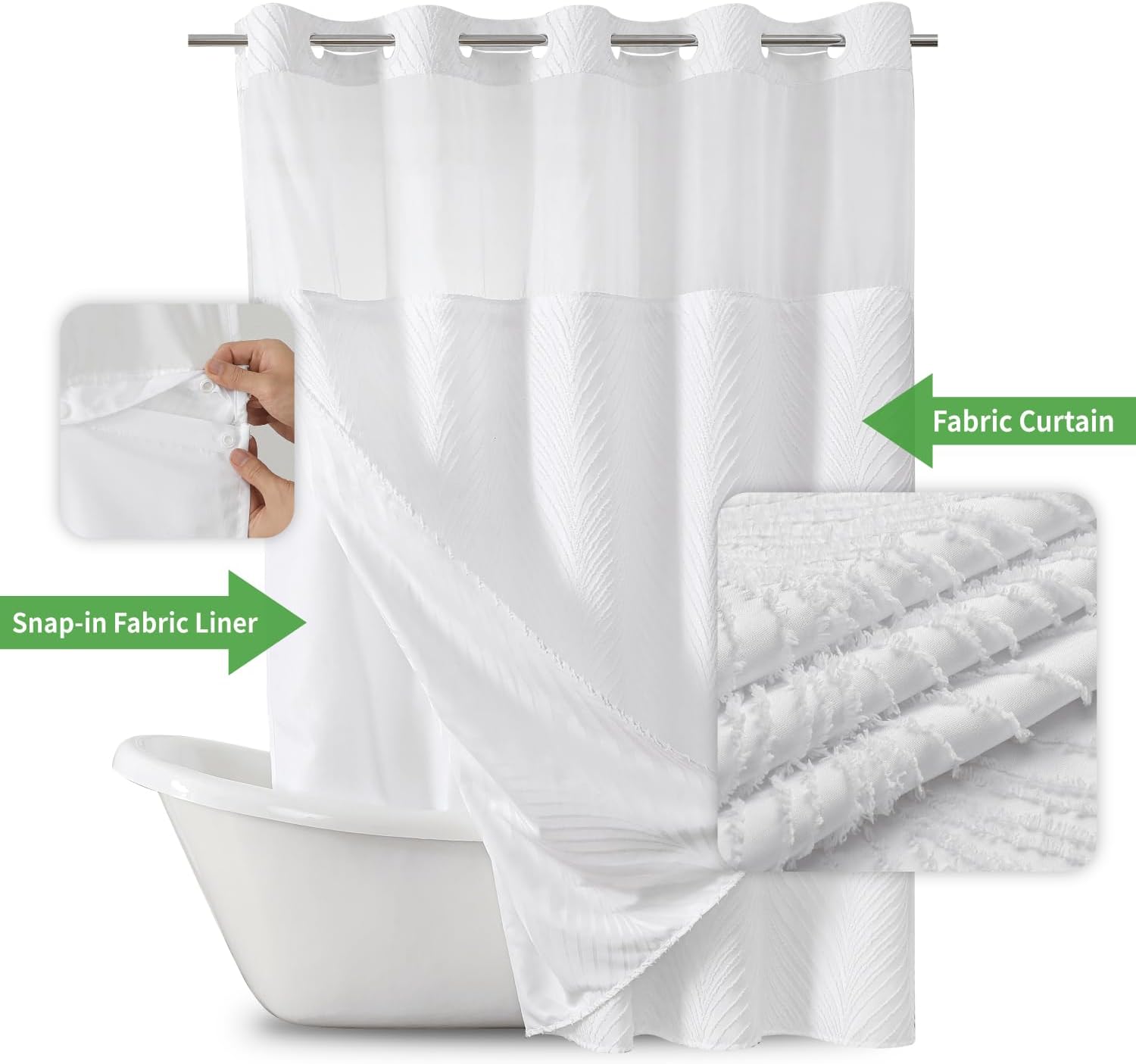 Boho No Hook Shower Curtain Set with White Tufted Stripes and Waterproof Liner
