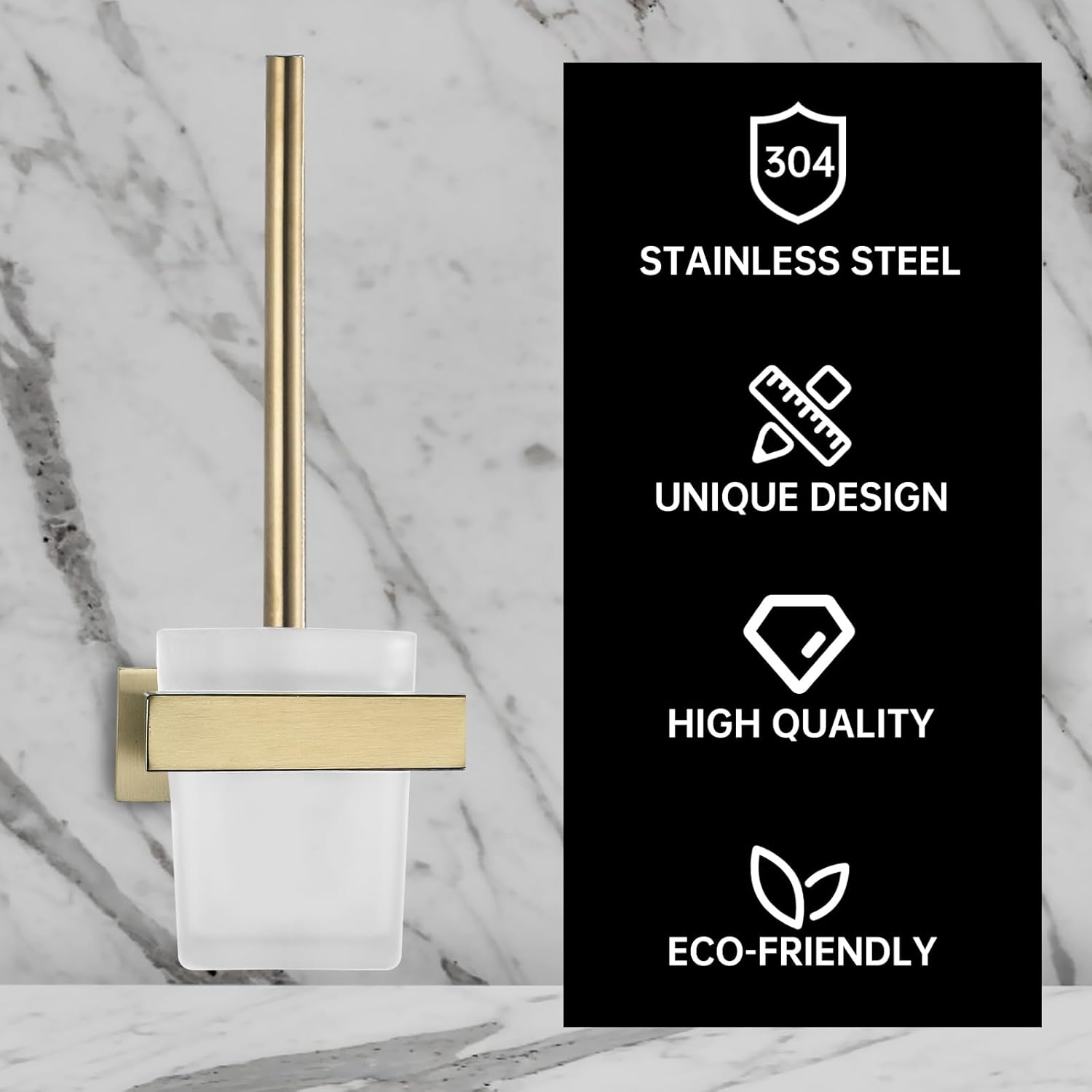 TINYROW Glass Toilet Brush with Holder Wall Mounted Brushed Gold