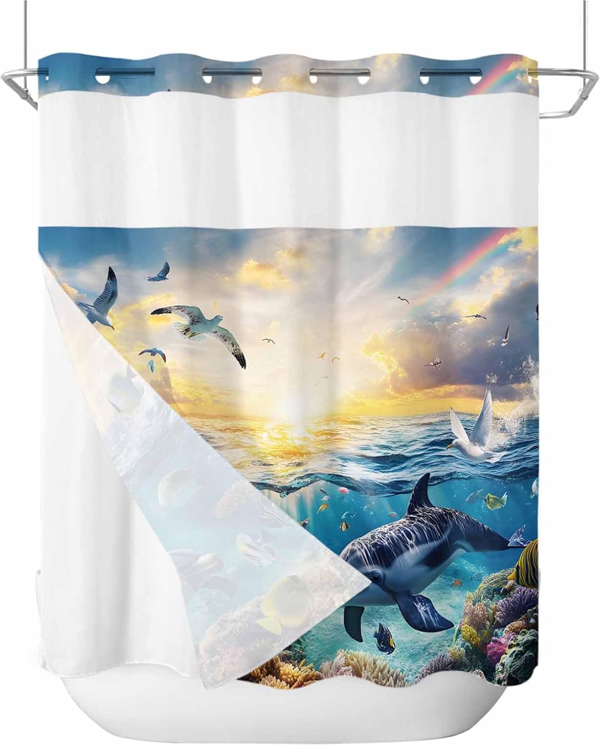 No Hooks Shower Curtain Set 72x72 with Dolphins Liner 1