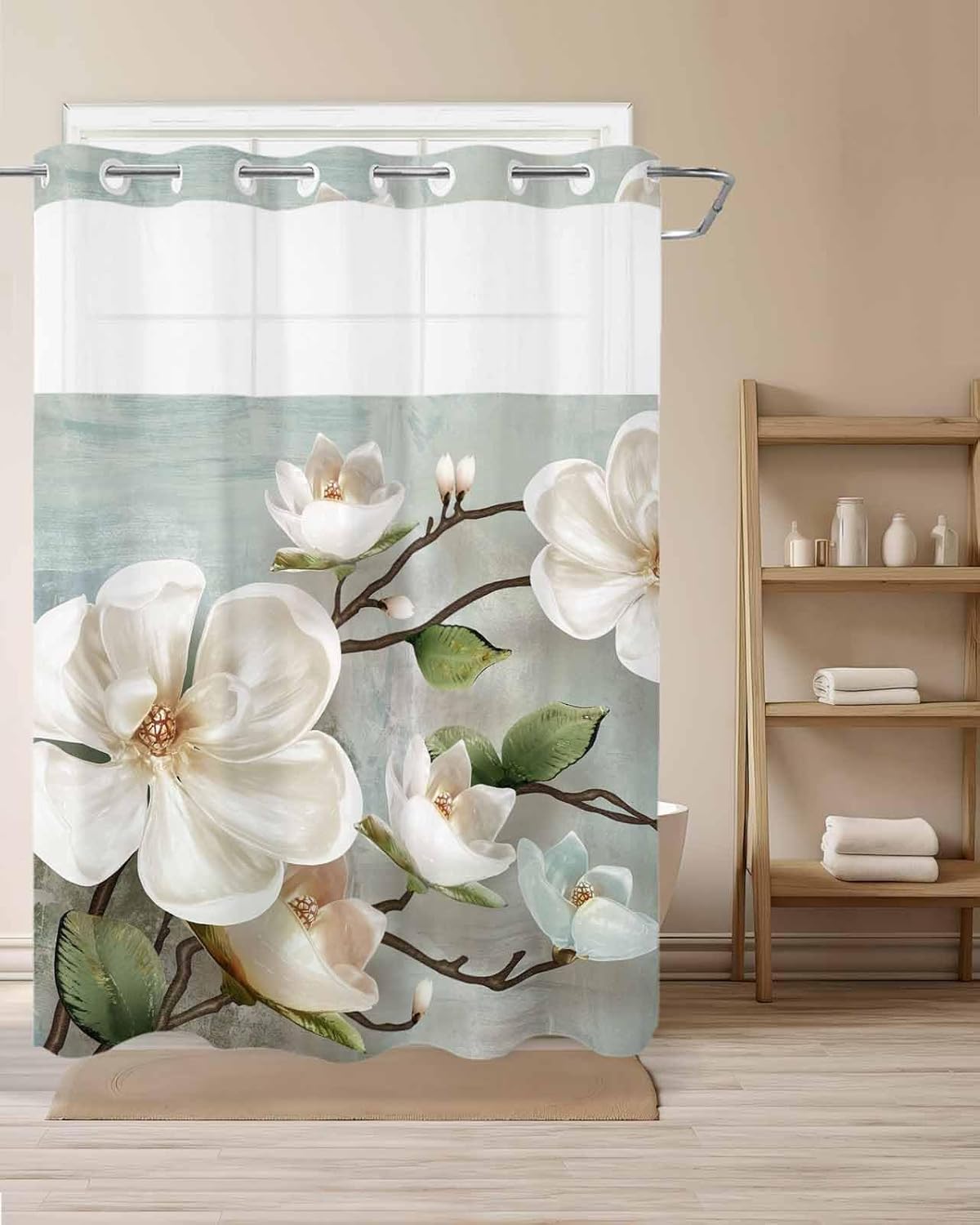 Smile Sunflower Flower Shower Curtain Set 72x72in White Magnolia with Snap Liner