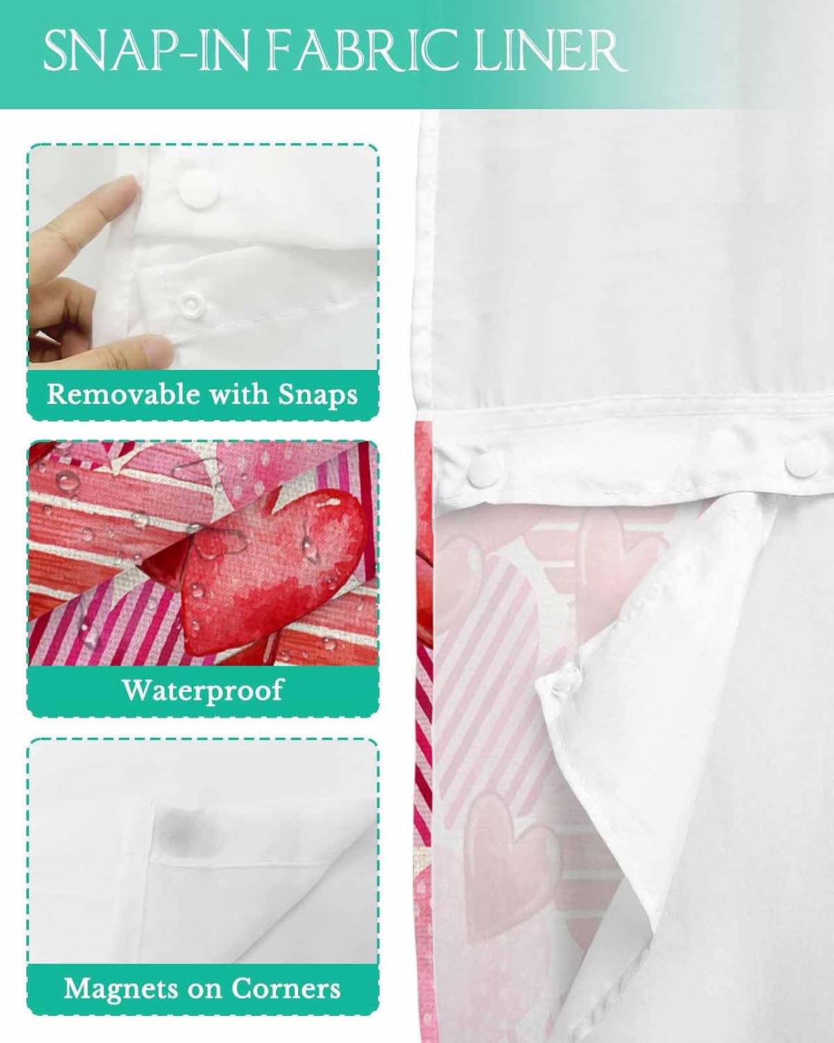 PIEPLE No Hook Shower Curtain Set with Snap Liner - Pink Red Heart Design