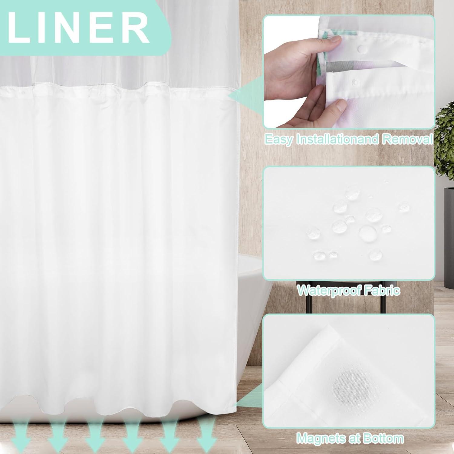 No Hook Shower Curtain Set with Snap-In Liner Double Whales 71x74 Inch