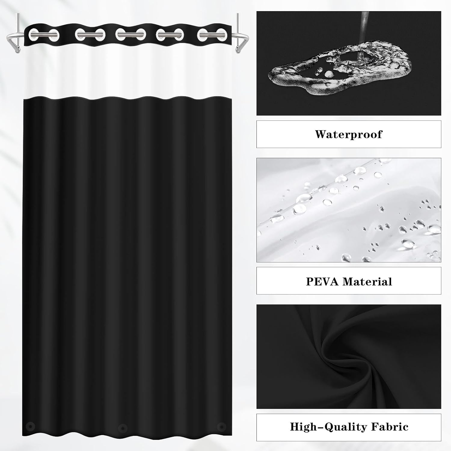 Nesphy No Hook Black Shower Curtain with Snap-in PEVA Liner Set