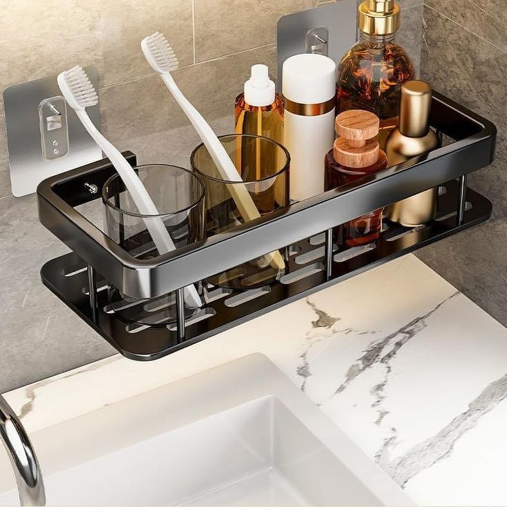 SNOBUOWIN Shower Caddy Wall Mounted Aluminum Alloy Black 1 Square