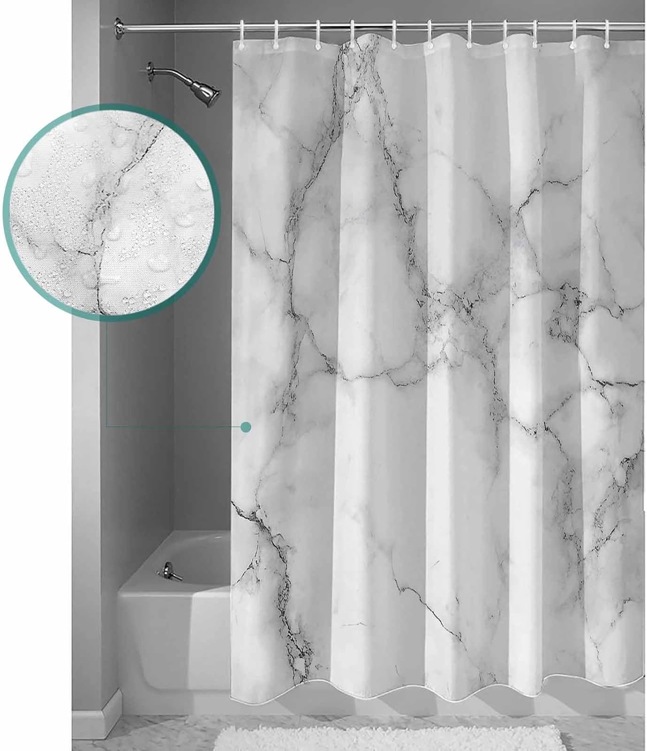 ZOE GARDEN Marble Grey White Shower Curtain Set with Hook 36x72