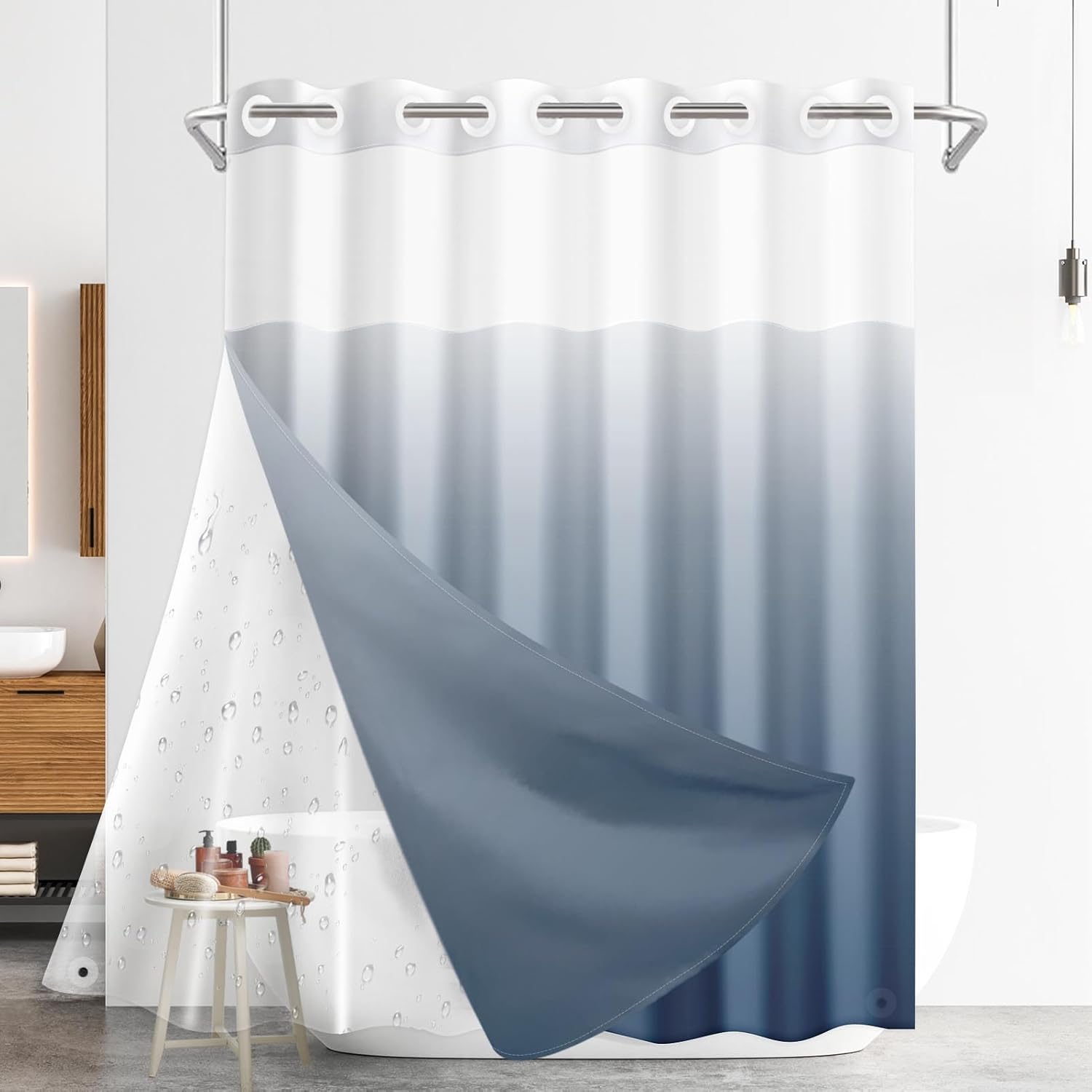 Nesphy No Hook Ombre Blue Shower Curtain Set 1