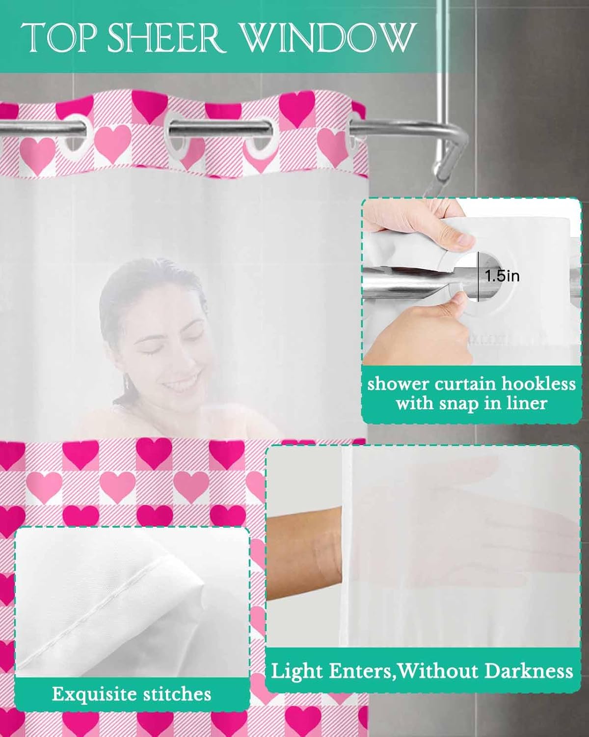 Anzona Valentine Plaid No Hook Shower Curtain Set 72x96