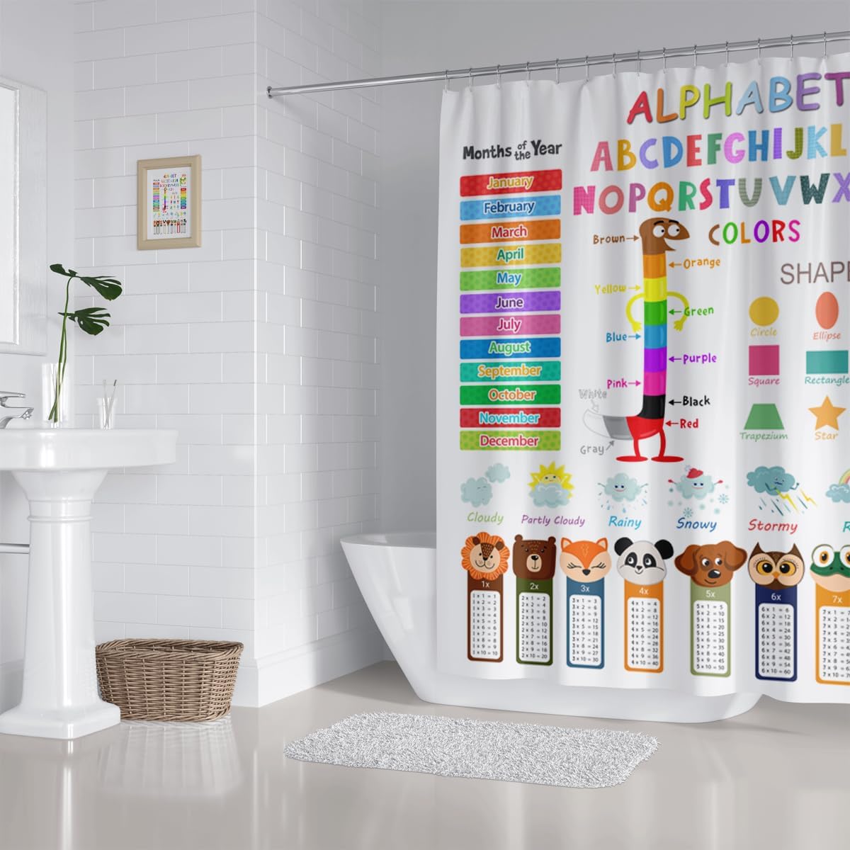 ABC Educational Shower Curtain with Hooks for Kids