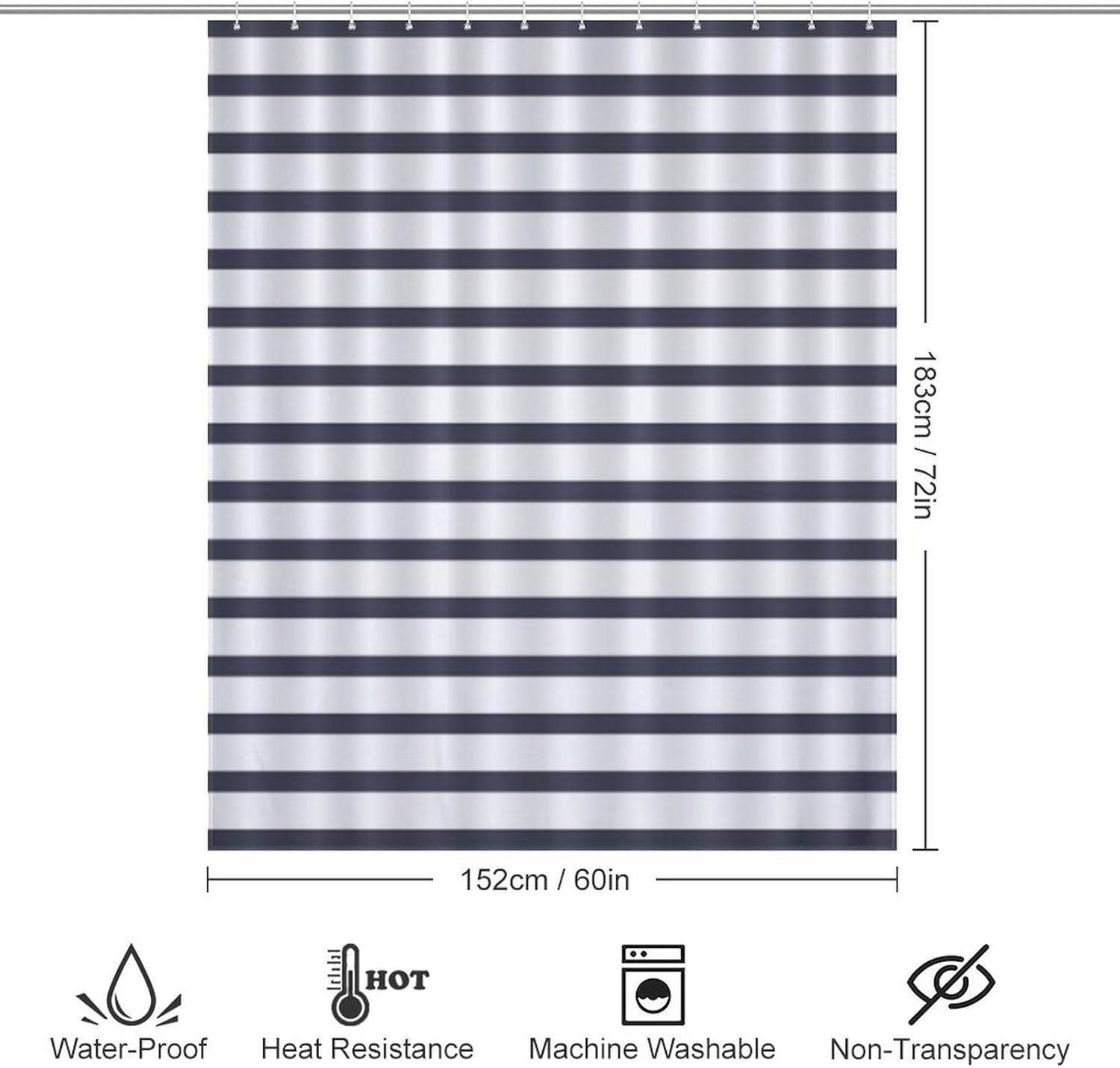 Navy Blue Summer Stripes Shower Curtain Set with 12 Hooks 60x72inch