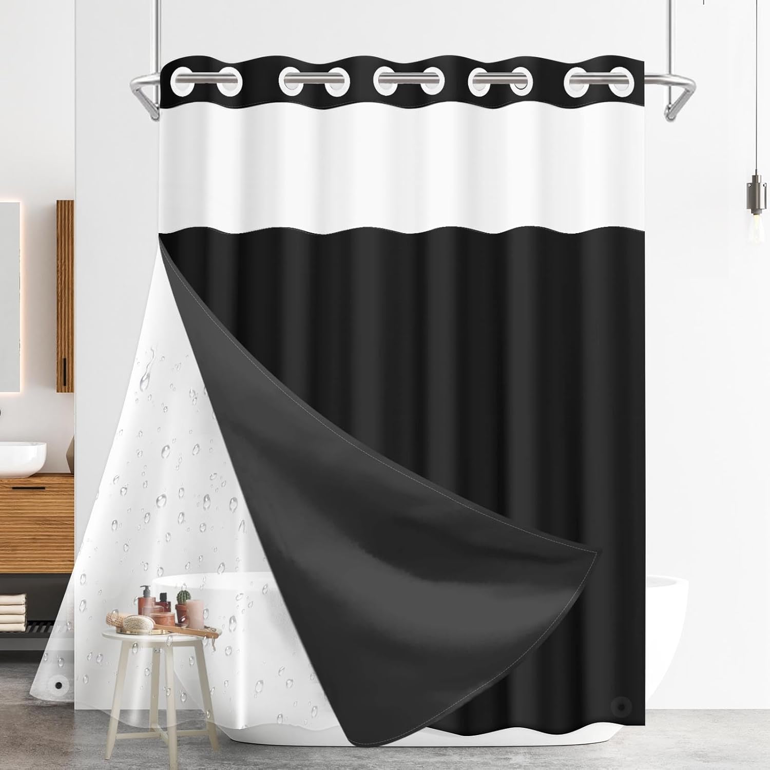 Nesphy No Hook Black Shower Curtain with Snap-in PEVA Liner Set