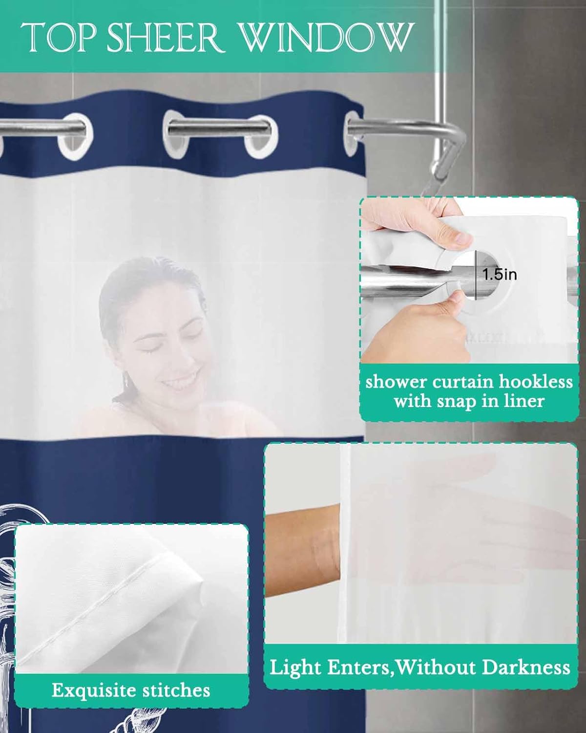 No Hooks Shower Curtain Set with Liner 72x72 Marine Theme