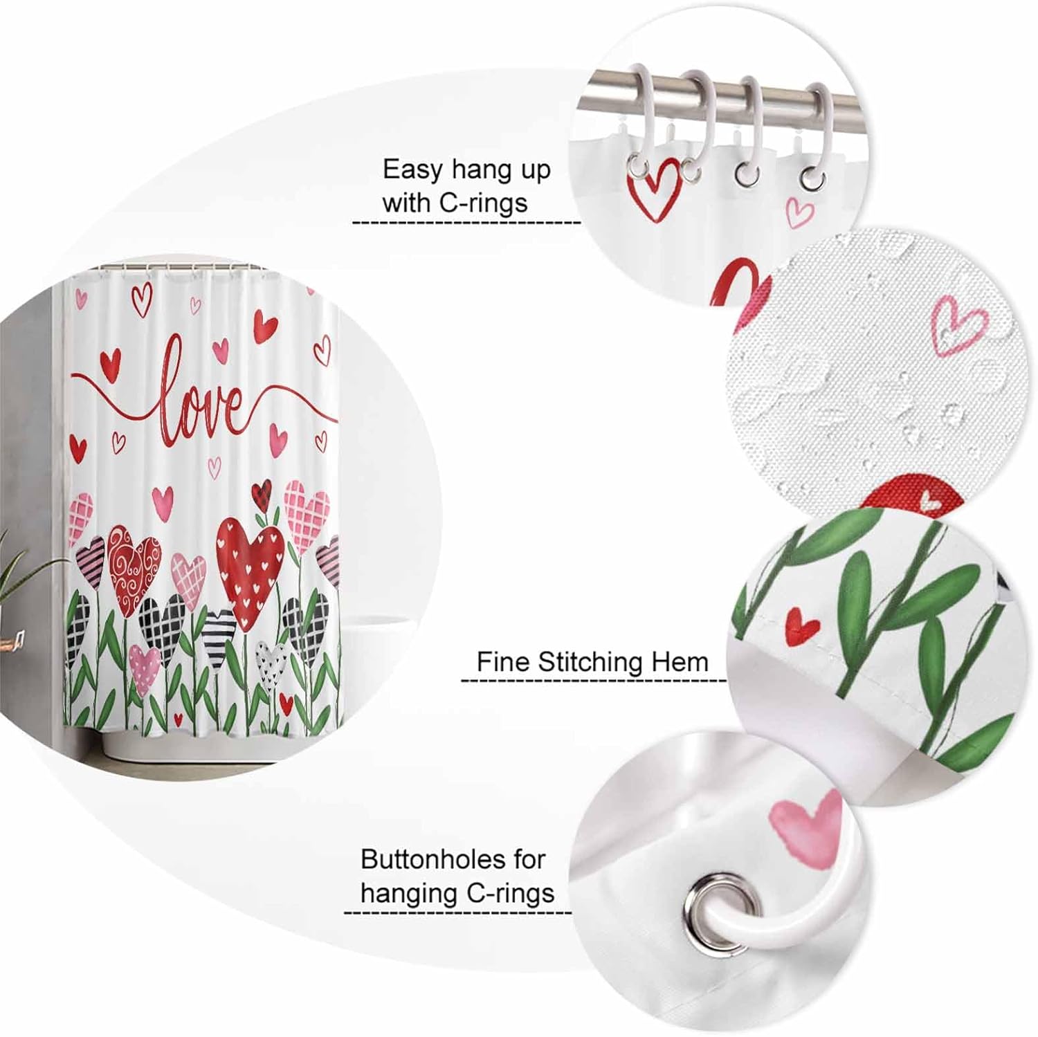 Vandarllin Pink Red Heart Shower Curtain Set 72x72