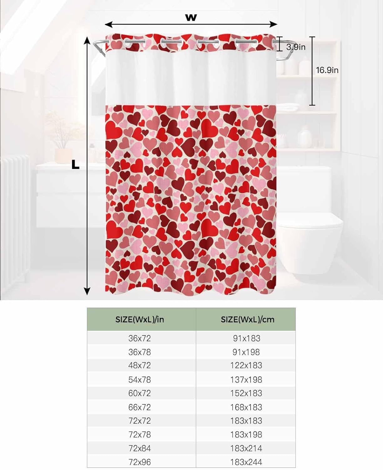 Jolunifun Valentines Day No Hook Shower Curtain Set