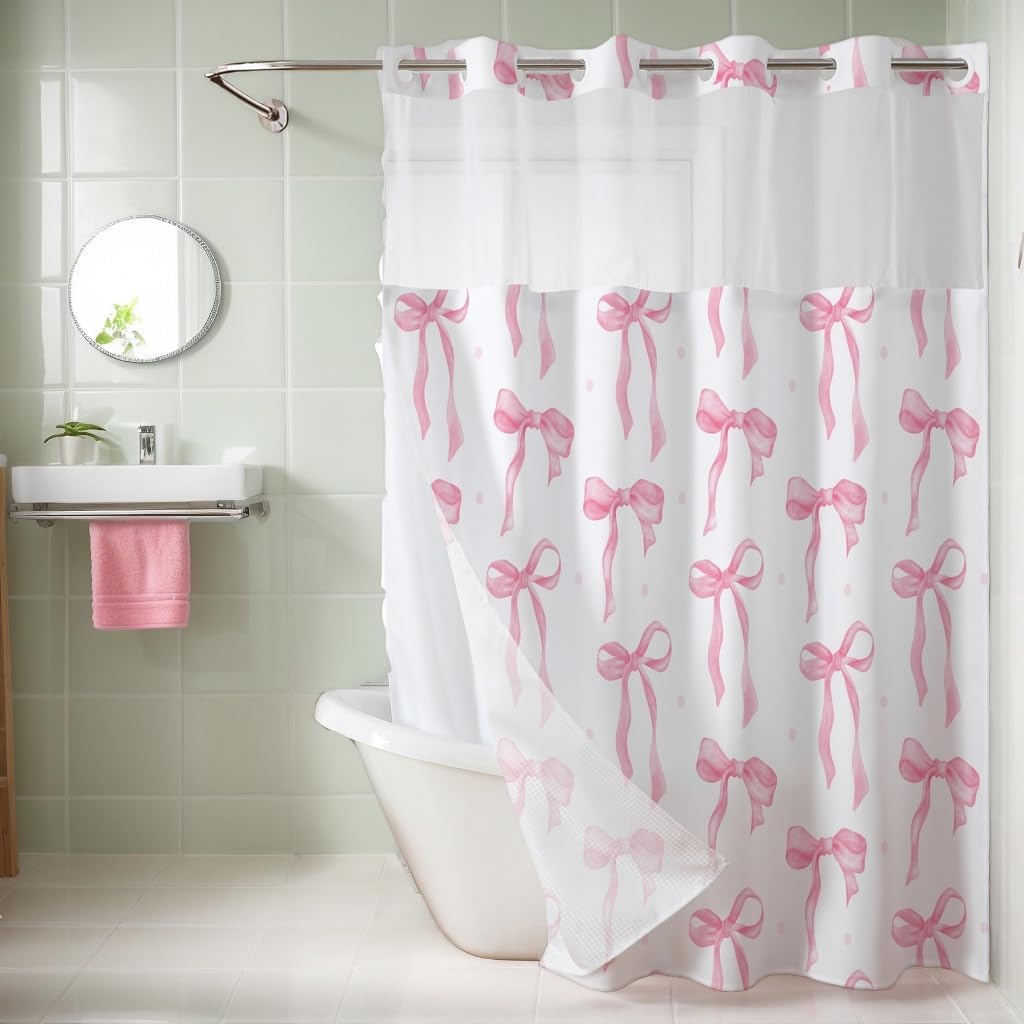 No Hook Pink Bow Shower Curtain with Liner Set
