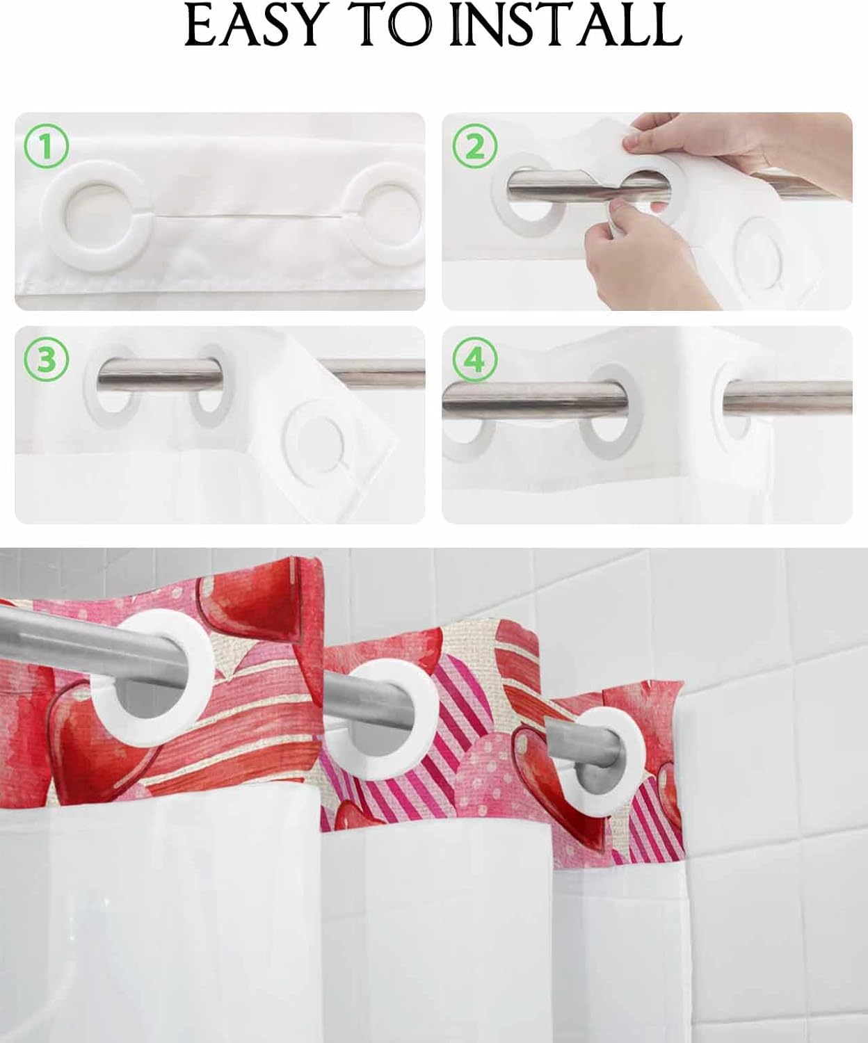 PIEPLE No Hook Shower Curtain Set with Snap Liner - Pink Red Heart Design