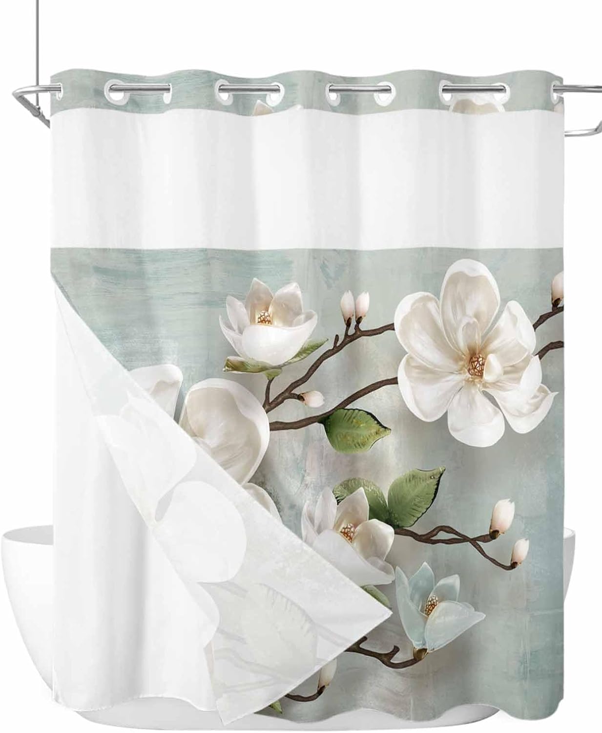 Smile Sunflower Flower Shower Curtain Set 72x72in White Magnolia with Snap Liner